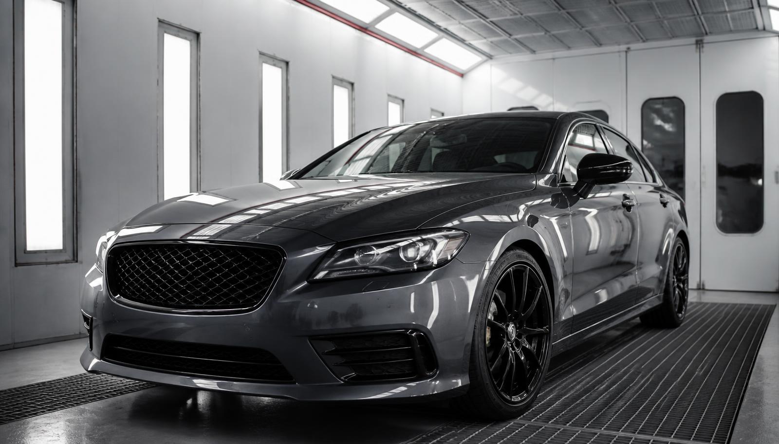 Freshly repainted dark gray sedan with a flawless finish inside a paint booth